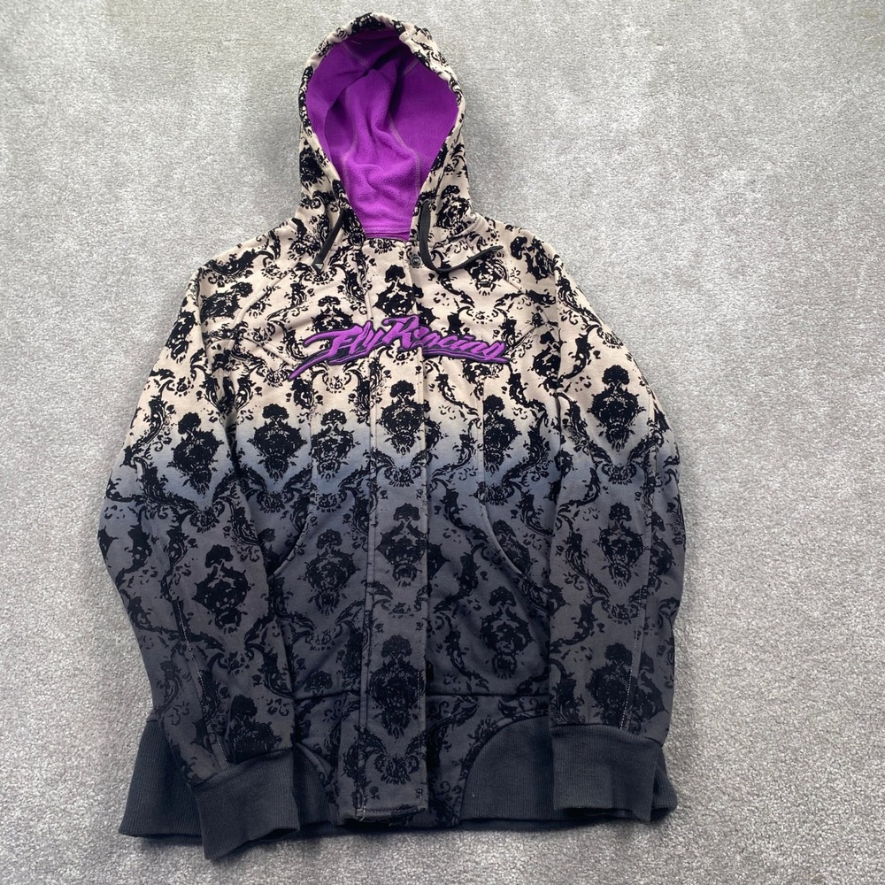 Fly Racing Hoodie Women Medium Gray Purple Damask Ombre Full Zip Moto Y2K